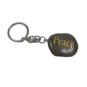 Peace Rock Keychain Brown Gold Tone Lettering